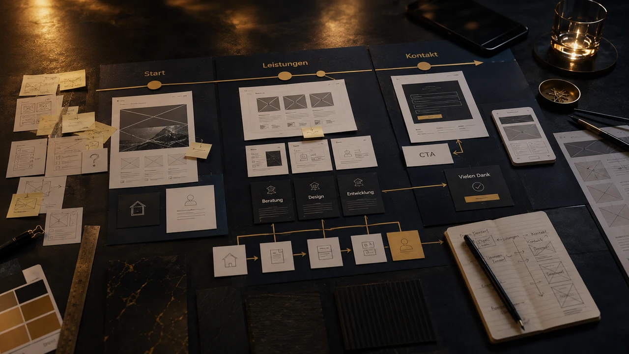 Wireframes und Inhaltskarten ordnen Website und Kontaktweg.